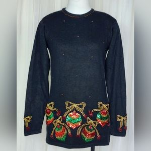 Vintage 80s black beaded sequin Xmas Christmas ornaments novelty sweater S